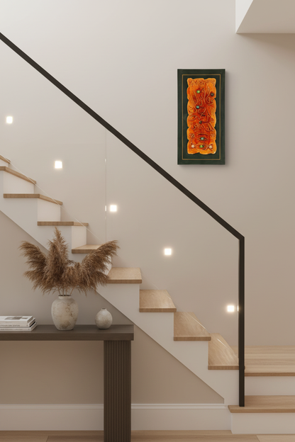 Islamic calligraphy green orange canvas on staircase wall