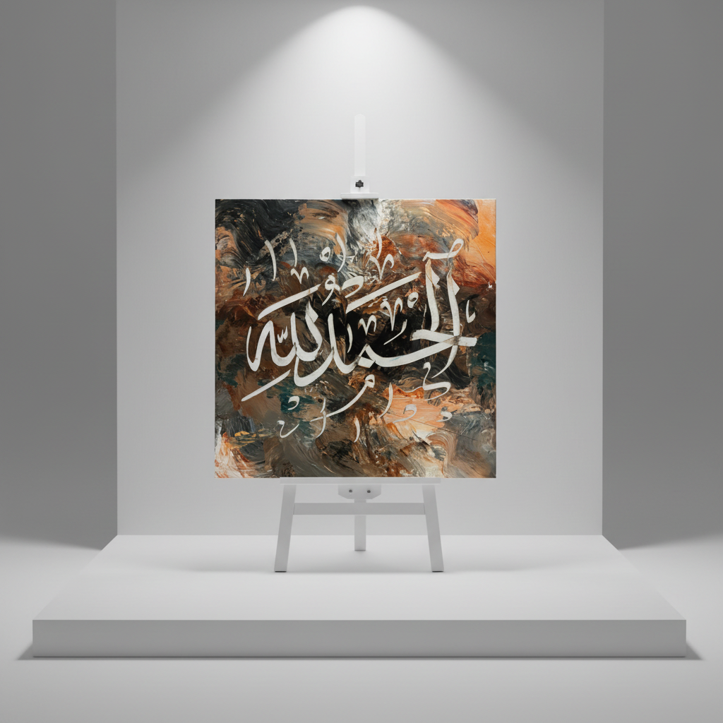 Alhamdulillah dark teal copper slate square canvas art 15.75x15.75 inches (40x40cm) on a minimalist stage area shelf, no frame