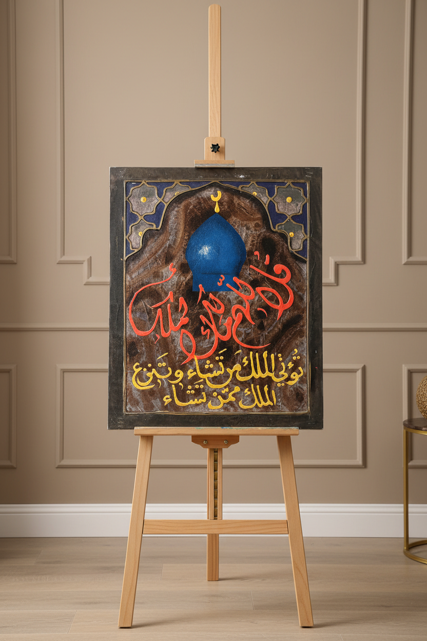 Qul Allahumma Malik al-Mulk Islamic calligraphy canvas art on wooden easel stand in modern living room