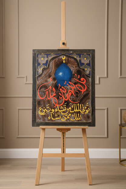 Qul Allahumma Malik al-Mulk Islamic calligraphy canvas art on wooden easel stand in modern living room