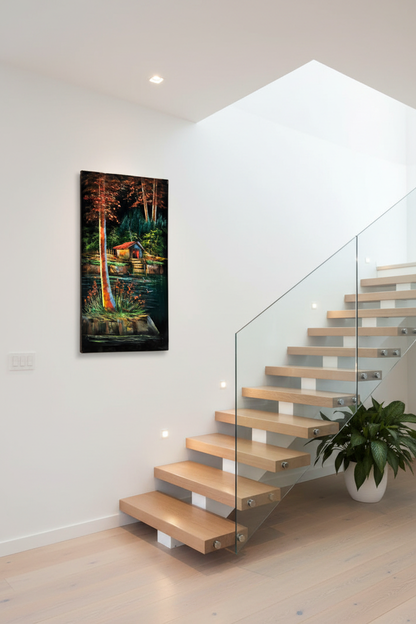 Lakeside cabin painting displayed on staircase wall in luxury home interior
