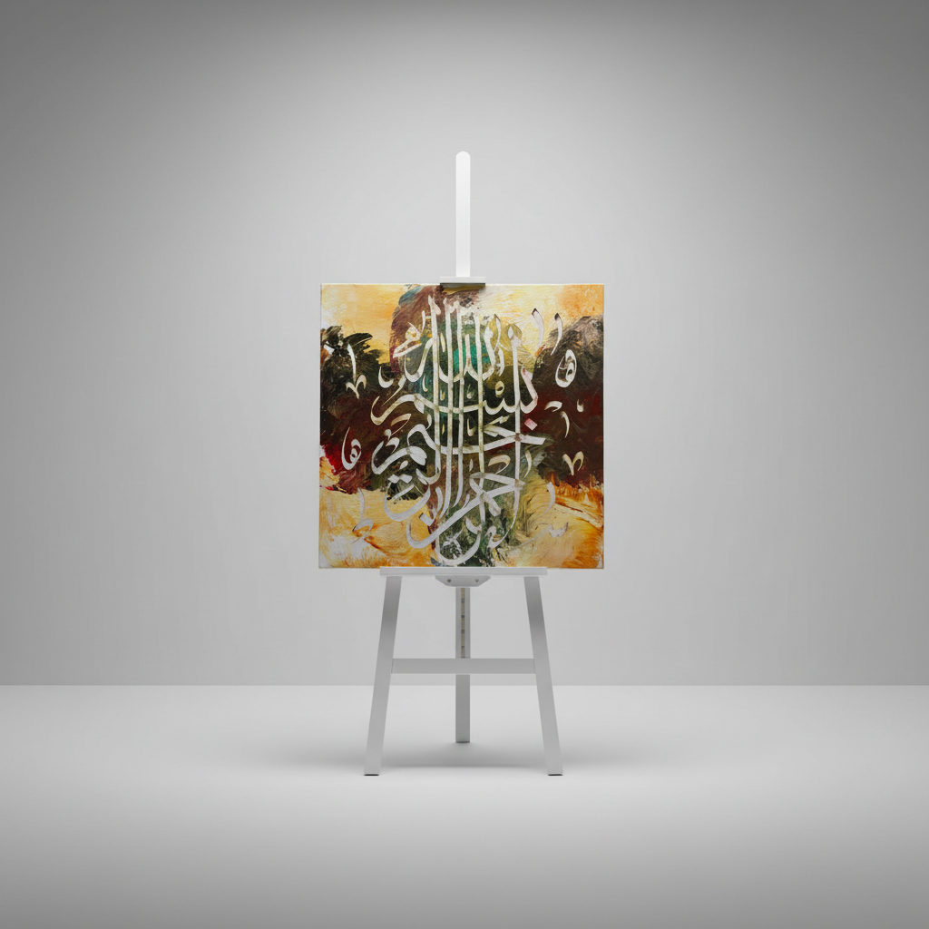 Bismillah forest green amber square canvas art 15.75x15.75 inches (40x40cm) on a minimalist stage area shelf, no frame