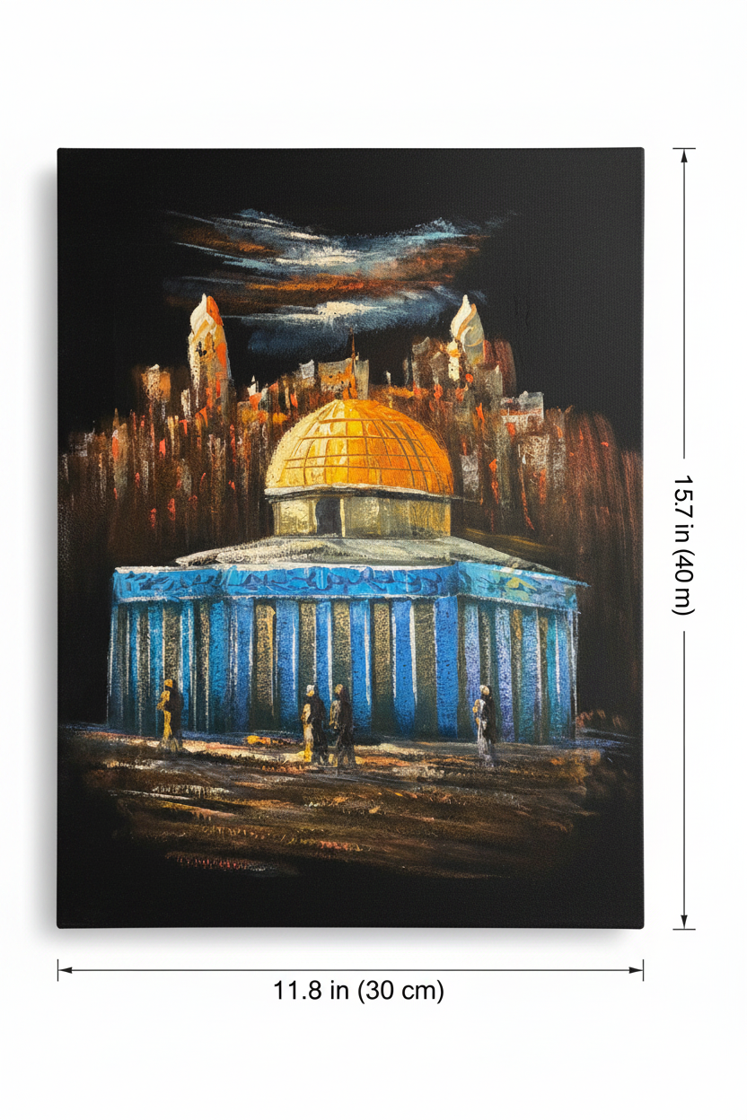 Dome of the Rock Jerusalem skyline night canvas art with dimensions 11.8 inches wide x 15.7 inches tall 30cm x 40cm