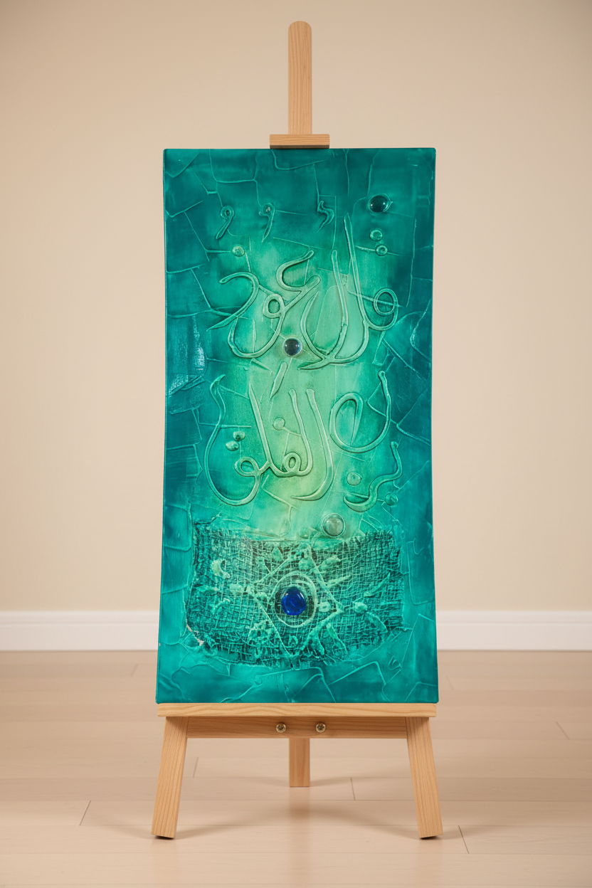 Islamic calligraphy emerald teal canvas displayed on art stand