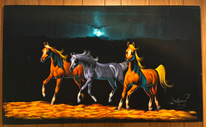 Three Arabian horses galloping at night canvas wall art – original painting with two chestnut horses and one silver-grey horse in full stride across golden desert under teal moonlit sky
