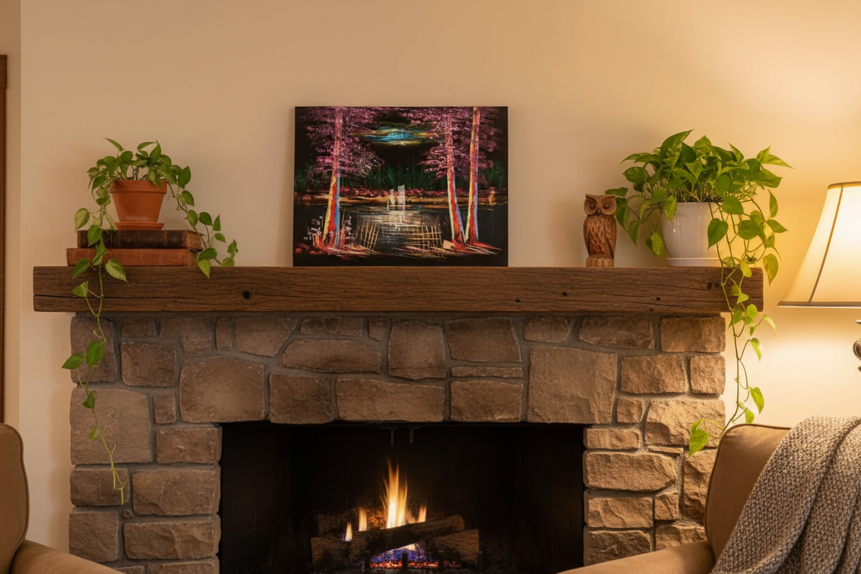 Colorful forest lake night canvas art propped on rustic wooden shelf mantelpiece in cozy living room lifestyle photo