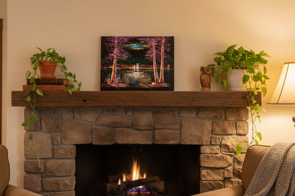 Colorful forest lake night canvas art propped on rustic wooden shelf mantelpiece in cozy living room lifestyle photo