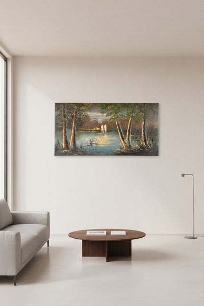 Sailboat at Moonrise oil painting on empty living room wall, no frame