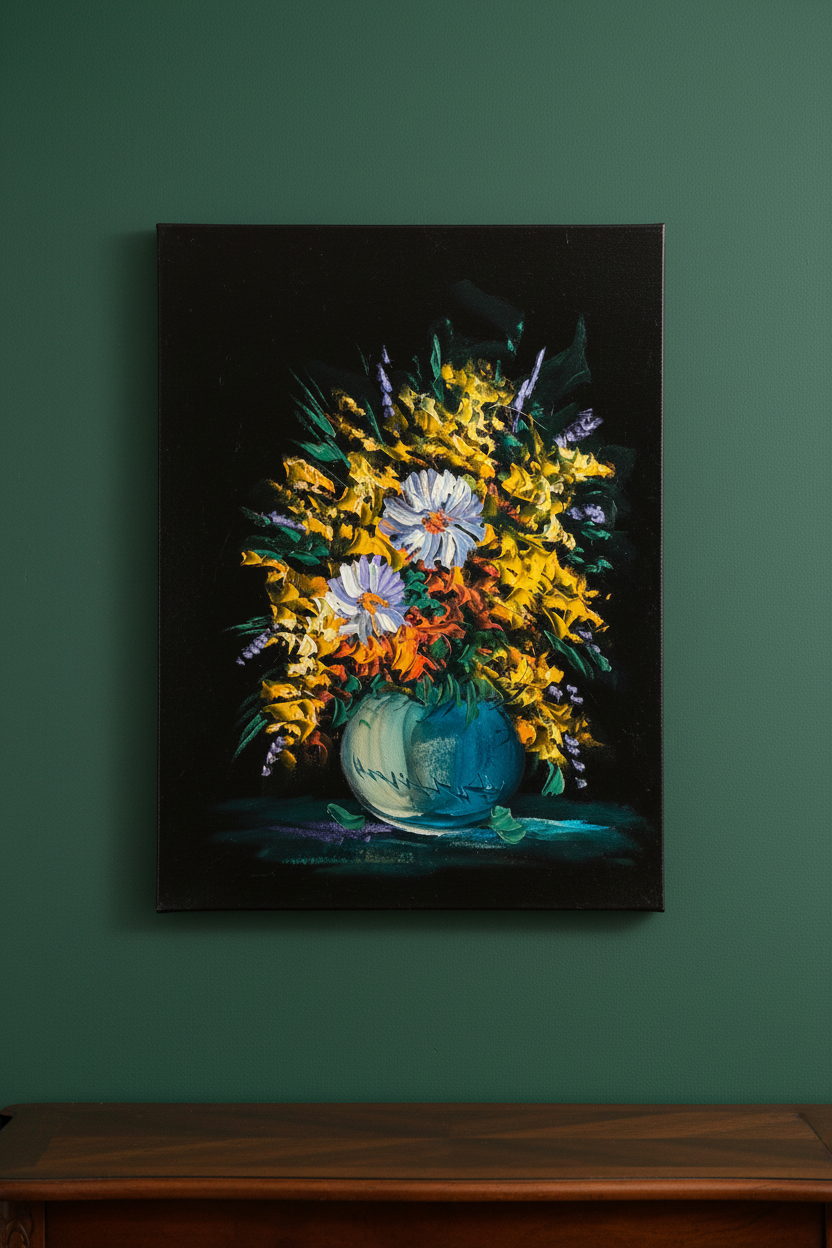 Floral Bouquet in Teal Vase oil painting on deep forest green wall in elegant dining room — no frame, premium interior art display
