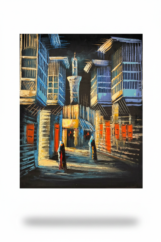 Middle Eastern historic city street night scene canvas art on white background with drop shadow – 20x24 inches product shot