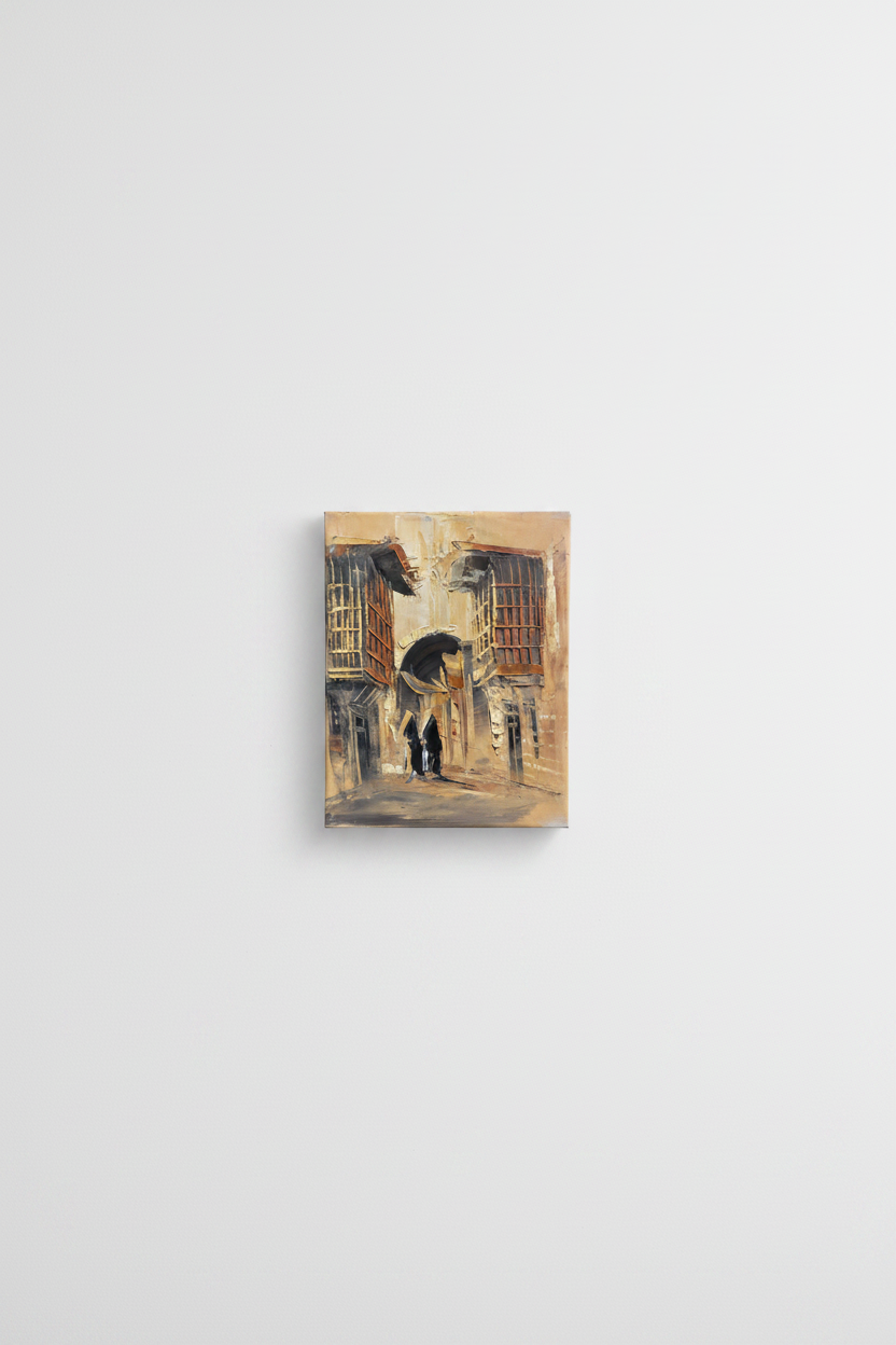 Original alleyway impasto canvas displayed unframed on clean empty white wall in minimal interior