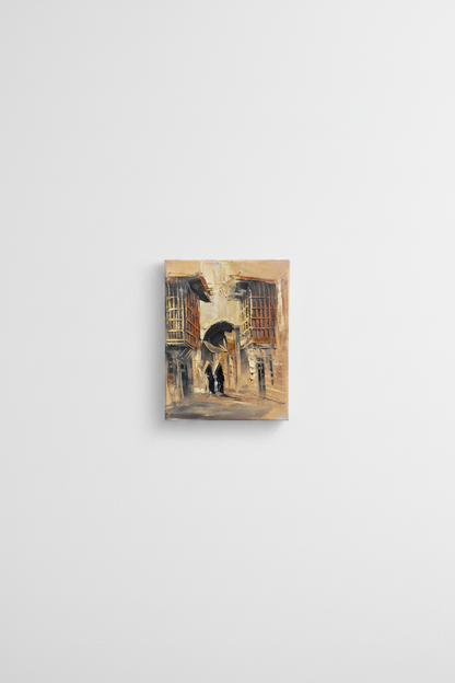 Original alleyway impasto canvas displayed unframed on clean empty white wall in minimal interior
