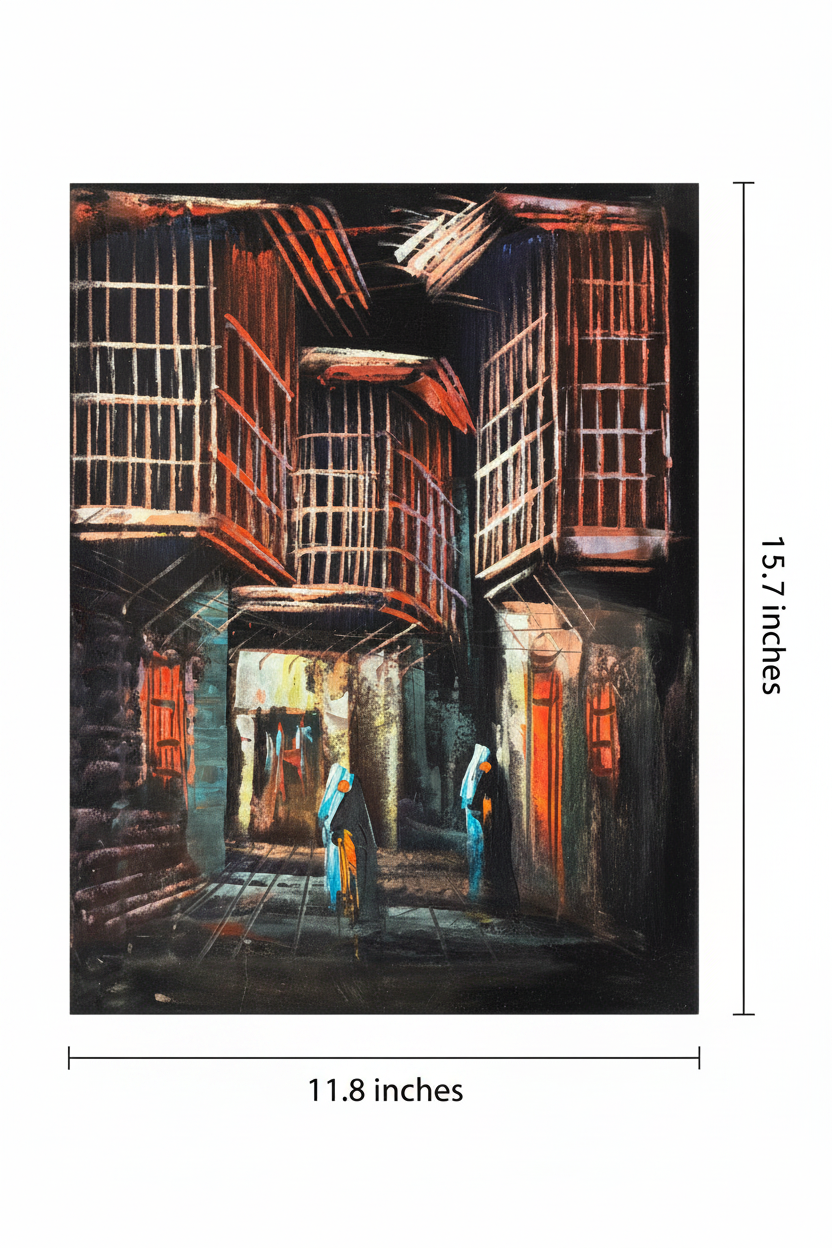 Two Figures in the Old Quarter oil painting flat lay with dimensions — 11.8 inches wide by 15.7 inches tall, 30x40cm portrait canvas