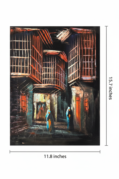 Two Figures in the Old Quarter oil painting flat lay with dimensions — 11.8 inches wide by 15.7 inches tall, 30x40cm portrait canvas
