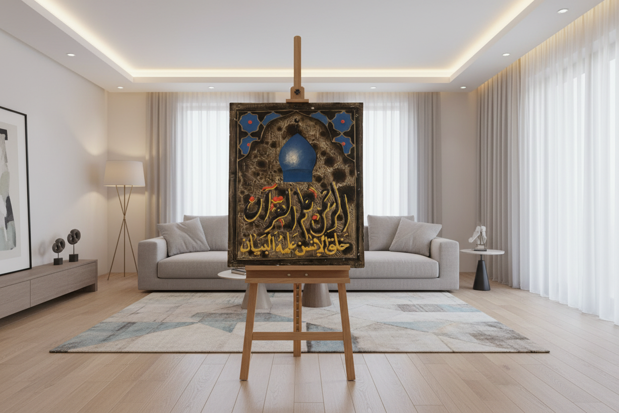 Surah Ar-Rahman mosque dome calligraphy panel displayed on easel stand in modern living room