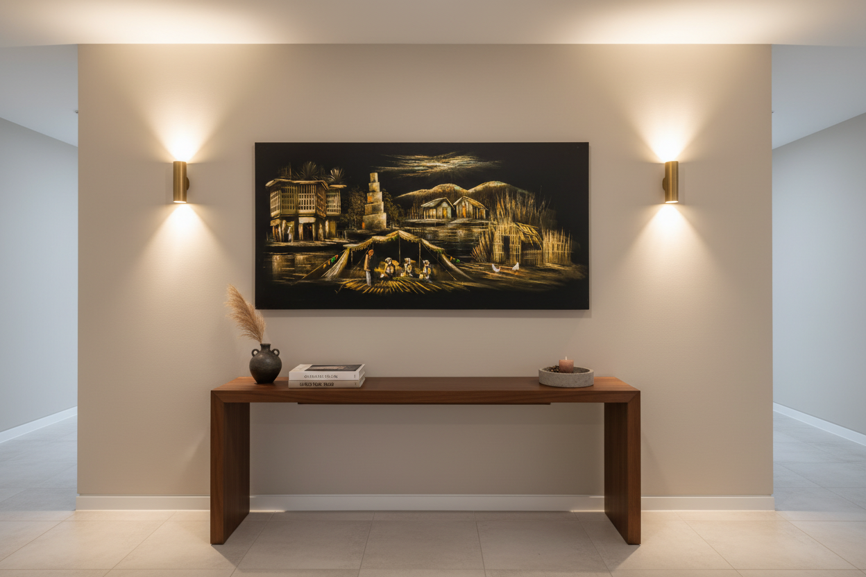 Iraqi village night scene with ziggurat canvas wall art displayed in elegant hallway