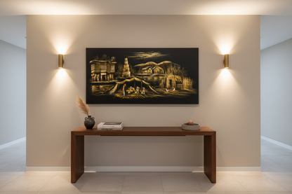 Iraqi village night scene with ziggurat canvas wall art displayed in elegant hallway