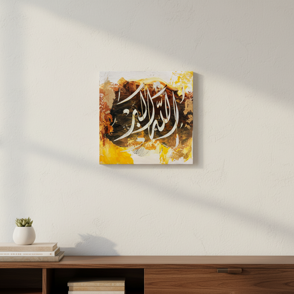 Allahu Akbar golden yellow calligraphy canvas displayed above a wooden console stand in a warm modern interior
