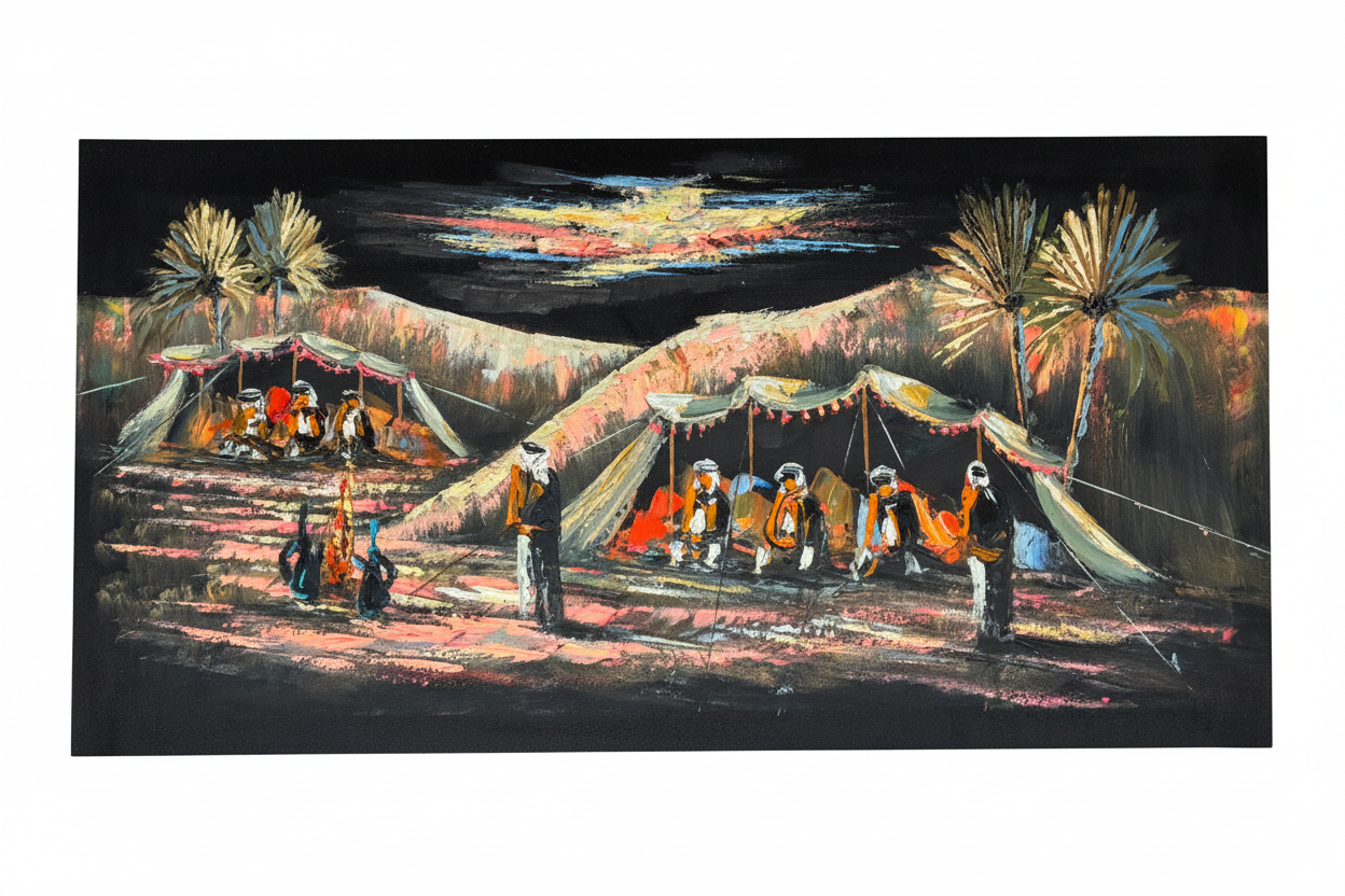 Bedouin Desert Camp painting white background exact dimensions 23.62x11.81 inches landscape ratio