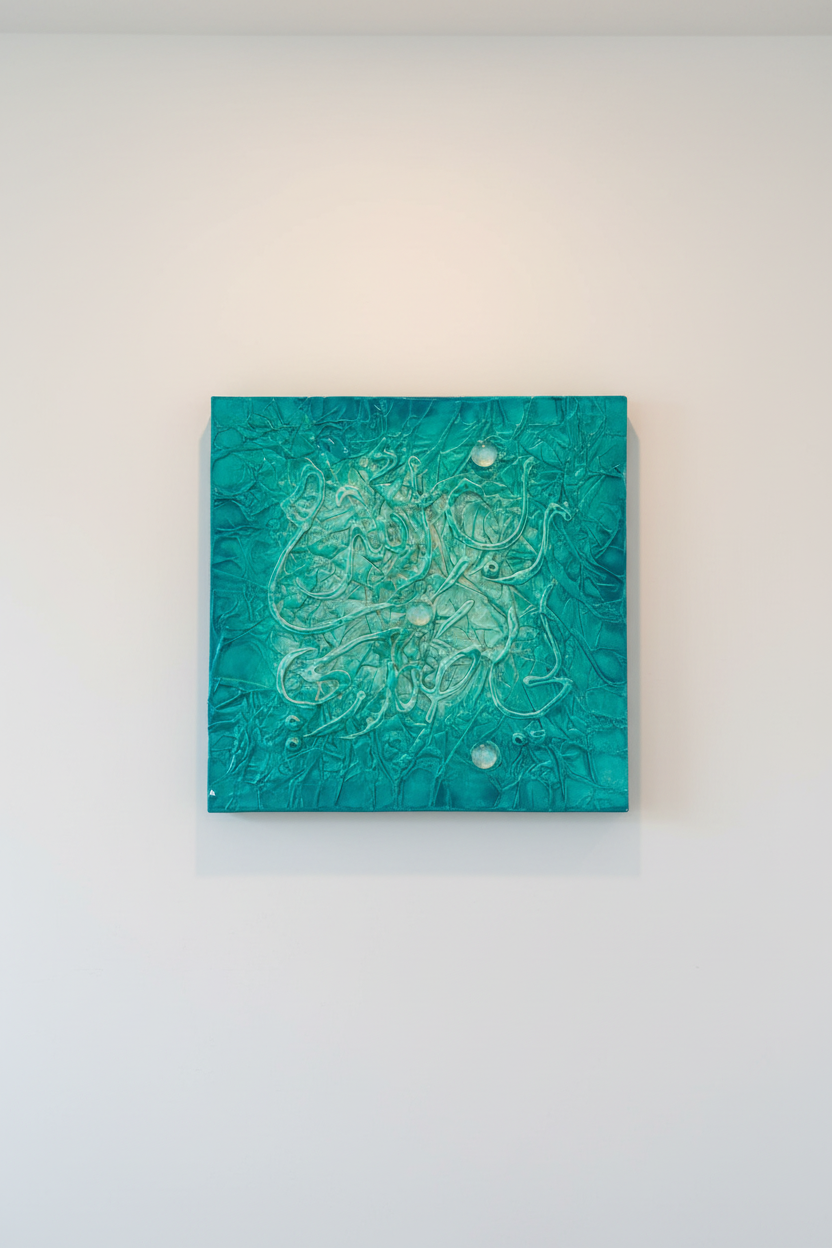 Islamic calligraphy teal turquoise wall art displayed on empty white wall