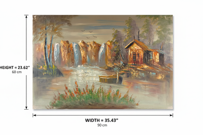 Dimension diagram of autumn canyon cabin waterfall oil painting showing width 35.43 inches 90 cm and height 23.62 inches 60 cm on white background