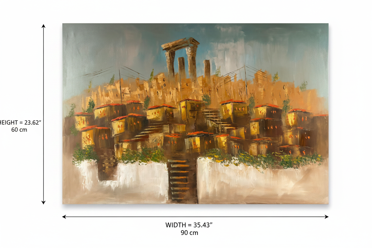 Dimension diagram of ancient hillside city oil painting showing width 35.43 inches 90 cm and height 23.62 inches 60 cm on white background