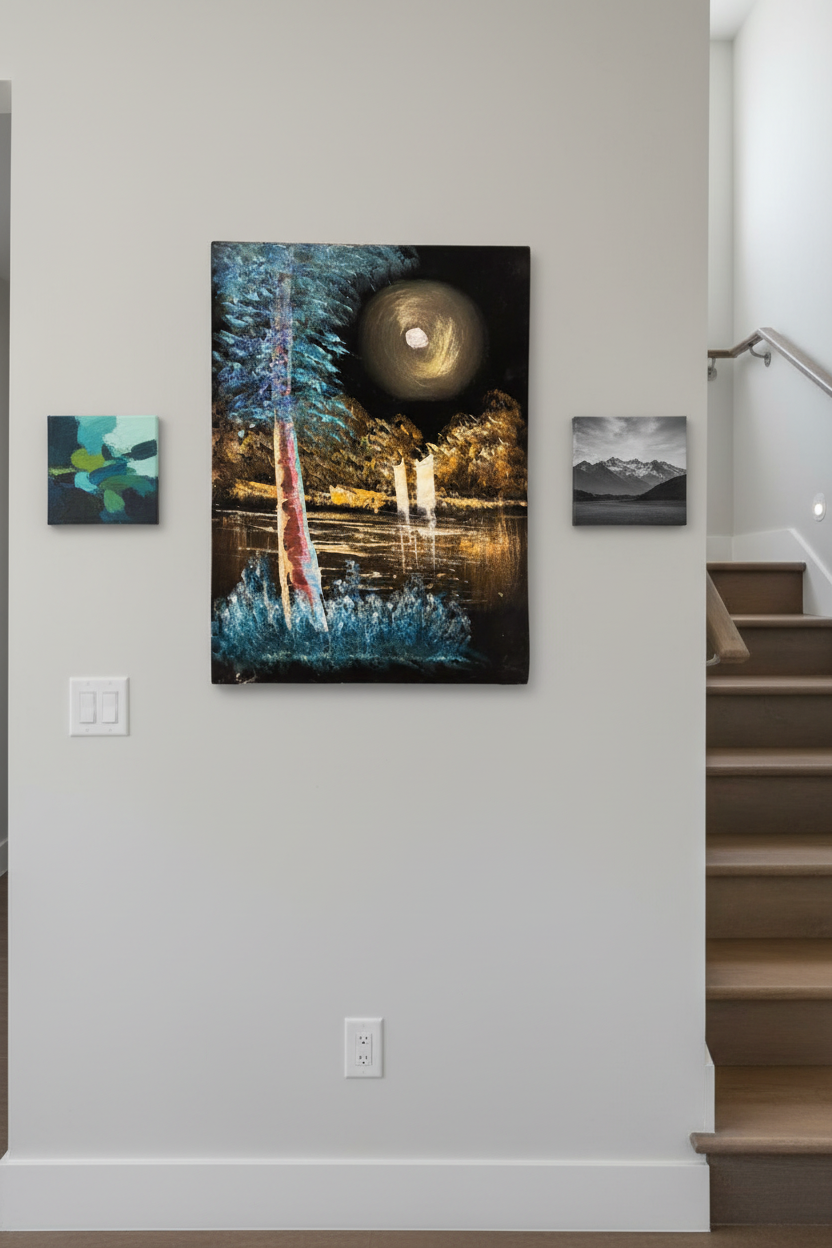 Giant full moon forest lake canvas art displayed on staircase gallery wall in modern home lifestyle photo