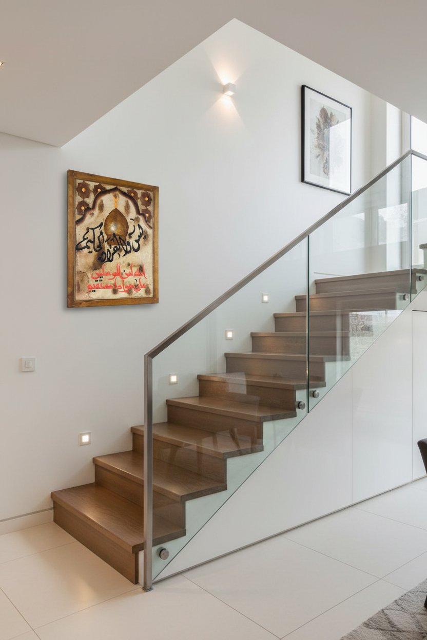 Huwa Al-Karim Ala Siratin Mustaqeem mosque dome calligraphy panel mounted on staircase wall in elegant home interior