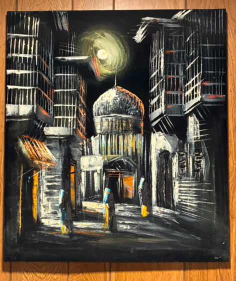 Moonlit Domed Mosque City Street Night Scene – Original Canvas Wall Art 20×24 in