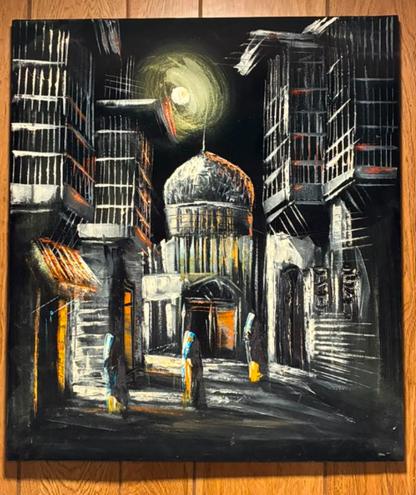 Moonlit Domed Mosque City Street Night Scene – Original Canvas Wall Art 20×24 in