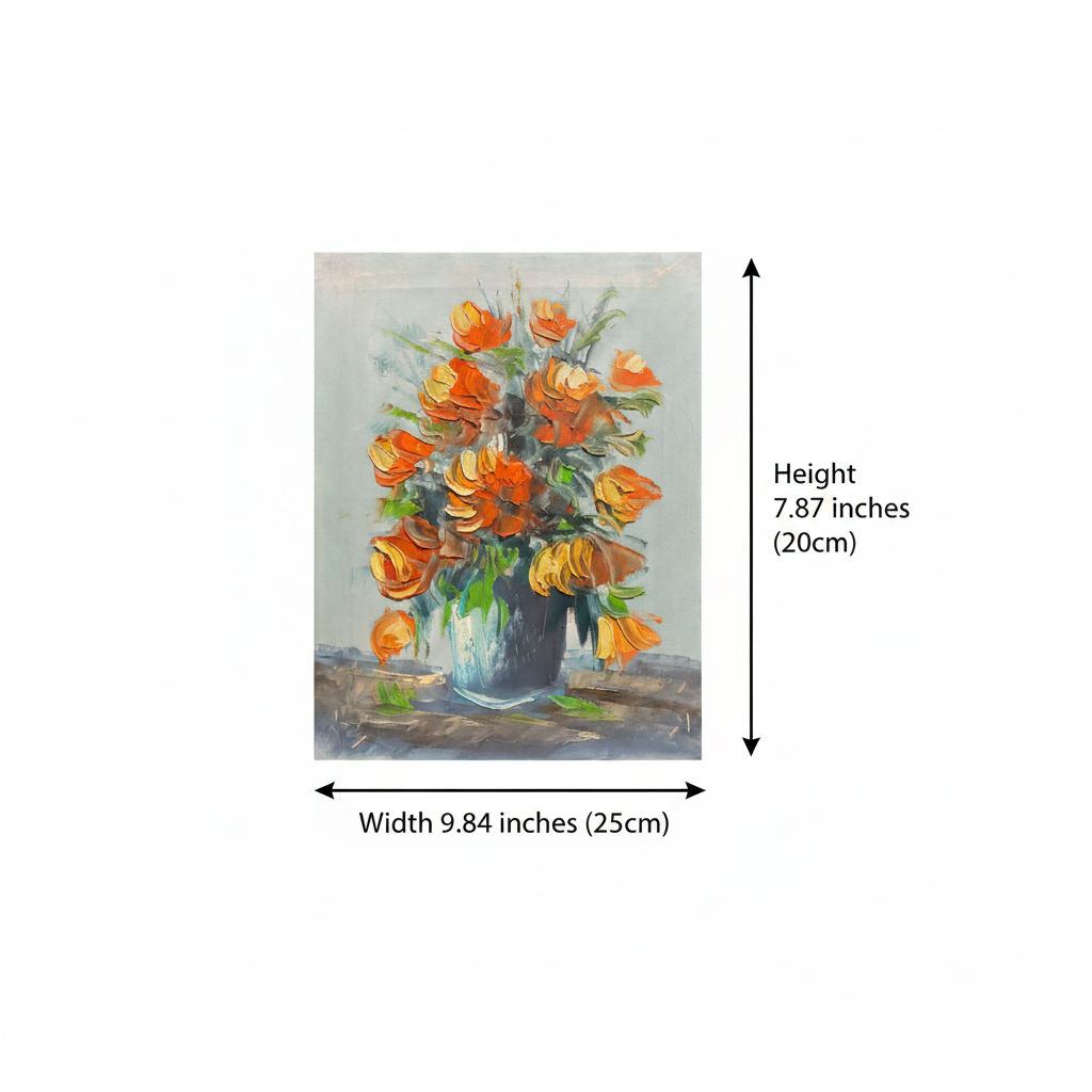 Dimension diagram showing orange tulips oil painting size: 9.84 inches wide by 7.87 inches tall on white background