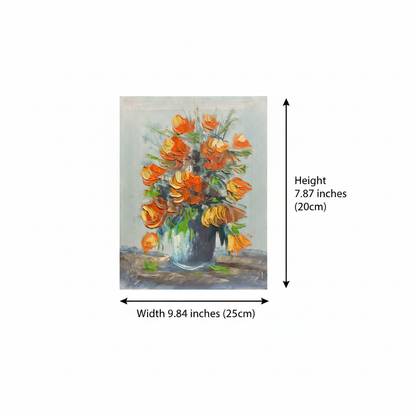 Dimension diagram showing orange tulips oil painting size: 9.84 inches wide by 7.87 inches tall on white background