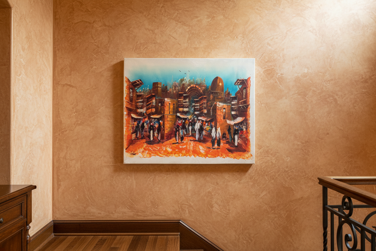 Ancient city gate bazaar oil painting hung on luxury home staircase wall, no frame, lifestyle interior display