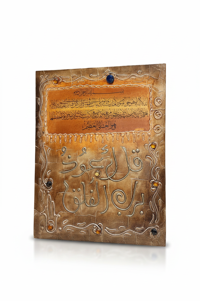 Ayat al-Kursi Surah Al-Falaq copper calligraphy panel on white background with shadow – 19.69 x 23.62 inches
