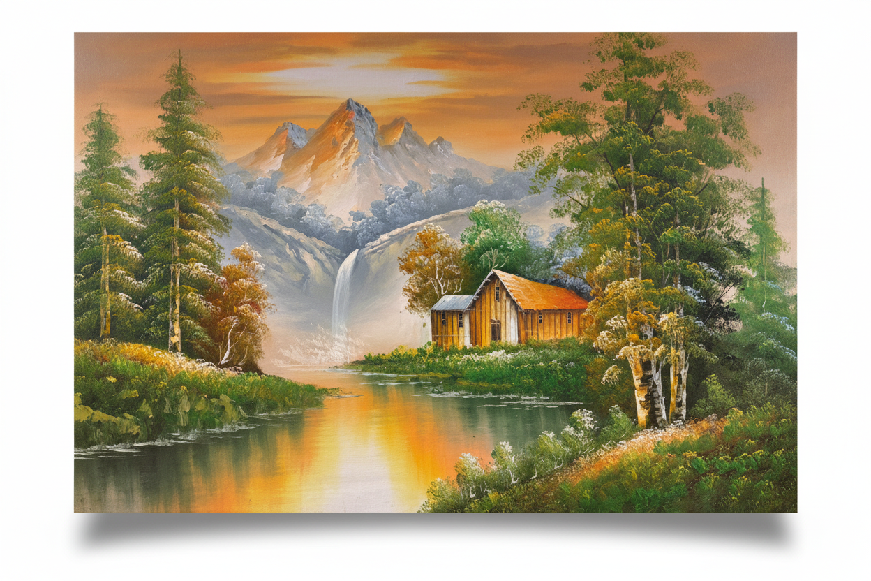 Original mountain waterfall cabin oil painting isolated on white background with natural drop shadow, unframed canvas 35.43 by 23.62 inches