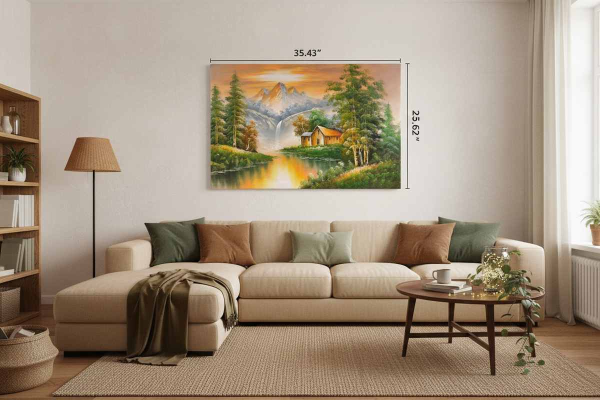 Original mountain waterfall cabin oil painting hung unframed on wall in a cozy earthy family room at true scale 35.43 by 23.62 inches