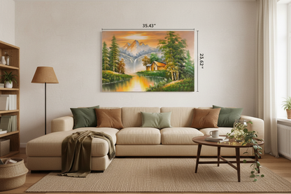 Original mountain waterfall cabin oil painting hung unframed on wall in a cozy earthy family room at true scale 35.43 by 23.62 inches
