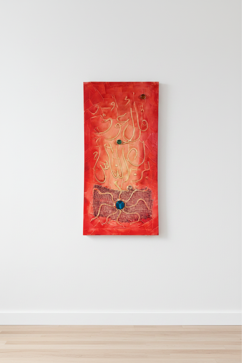 Islamic calligraphy red mixed media canvas on empty white wall