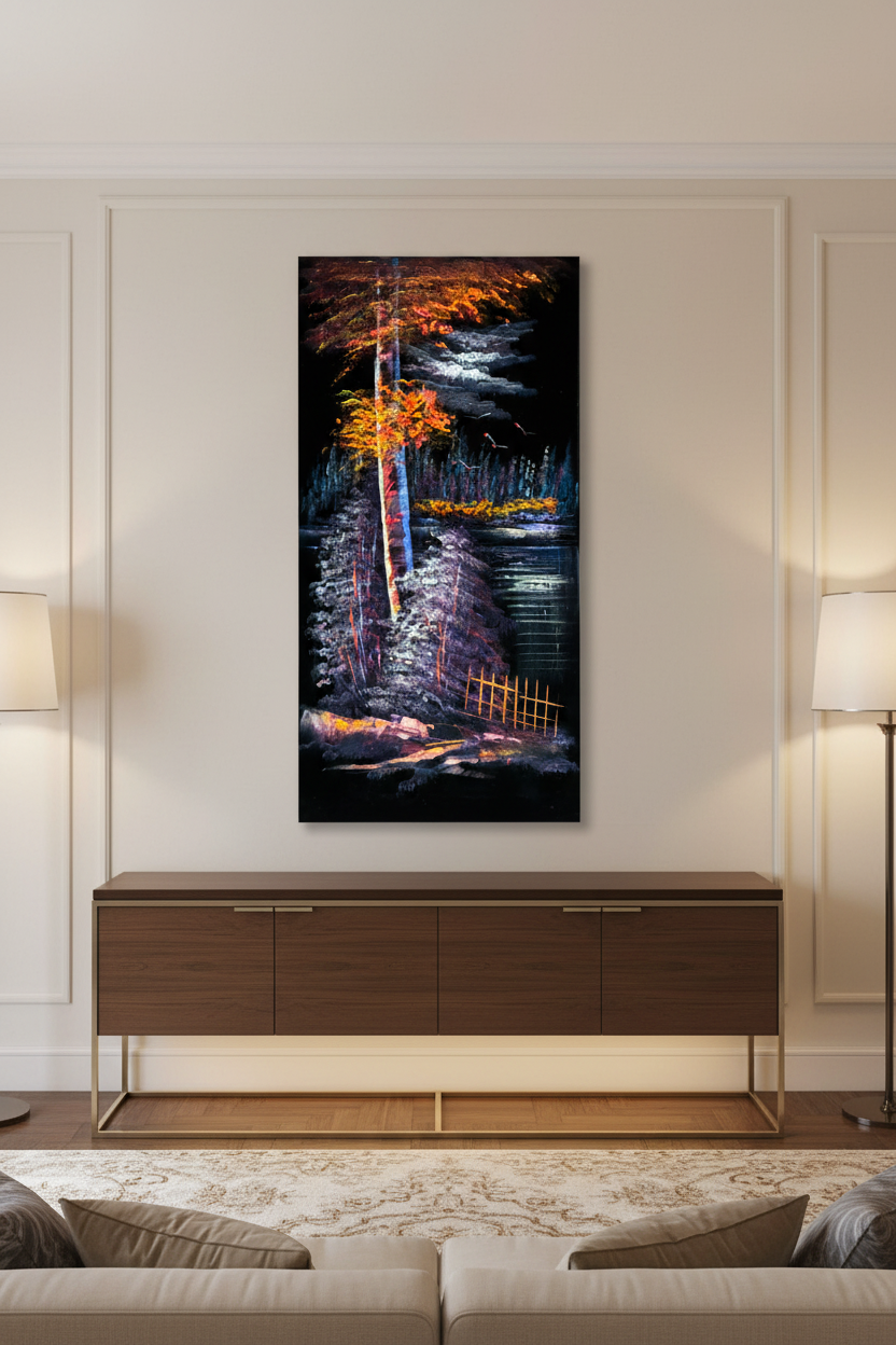 Autumn Birch painting displayed in luxury living room area setting