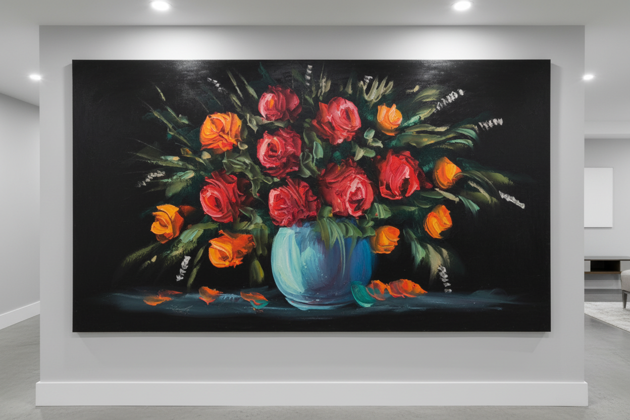 Red Orange Roses painting displayed in modern hallway interior setting