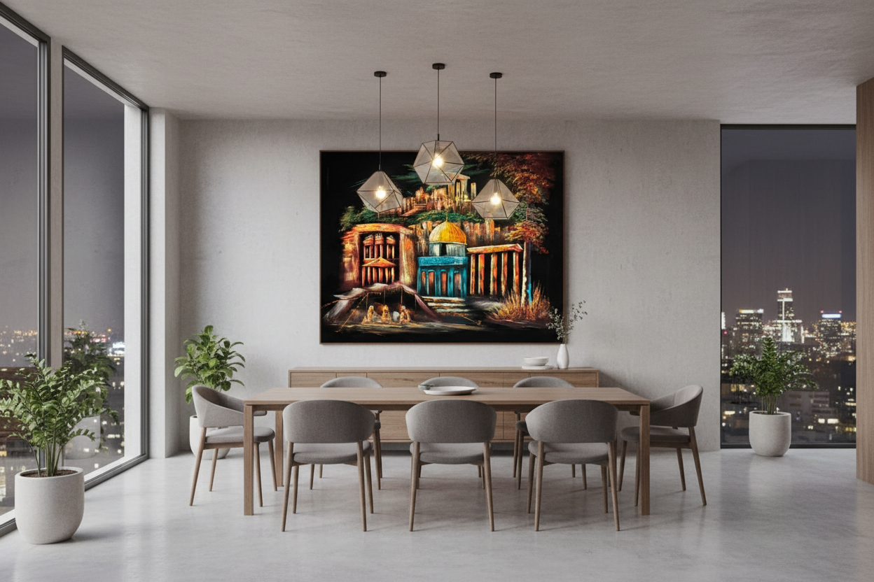 Jerusalem and Petra by Night oil painting displayed in a spacious open-plan dining area — 39.4 x 31.5 inch canvas wall art