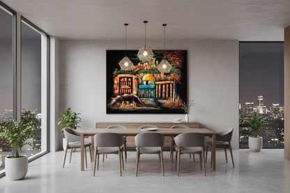 Jerusalem and Petra by Night oil painting displayed in a spacious open-plan dining area — 39.4 x 31.5 inch canvas wall art