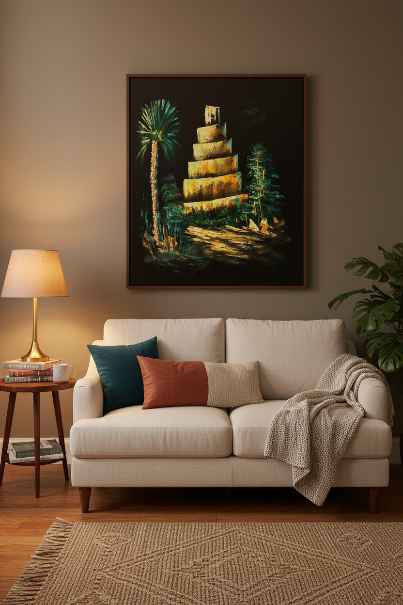 Ancient ziggurat tower canvas art staged in a cozy living room sitting area above a sofa