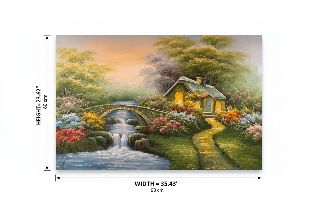 Dimension diagram of enchanted cottage garden oil painting showing width 35.43 inches 90 cm and height 23.62 inches 60 cm on white background