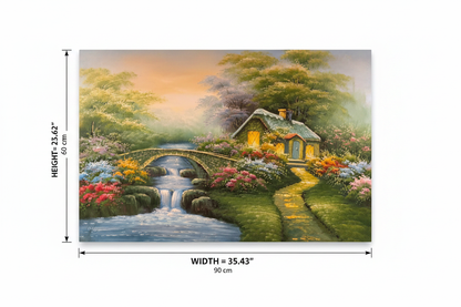 Dimension diagram of enchanted cottage garden oil painting showing width 35.43 inches 90 cm and height 23.62 inches 60 cm on white background