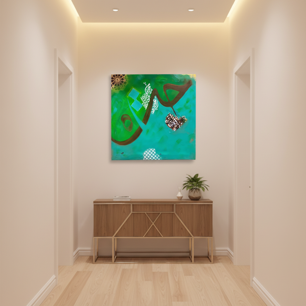 Abstract Islamic calligraphy green teal square canvas art displayed in a modern hallway, no frame