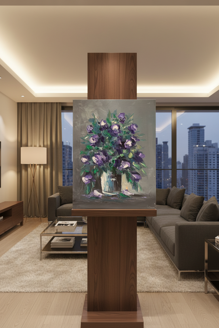 Purple roses bouquet oil painting on wooden art stand in modern living room – no frame