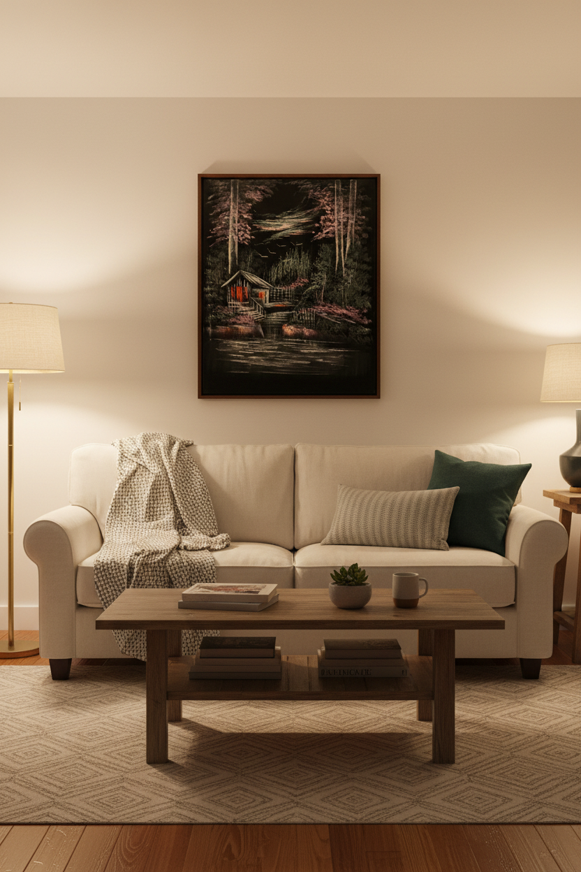 Dark forest cabin night scene canvas art staged in a cozy living room sitting area above a sofa