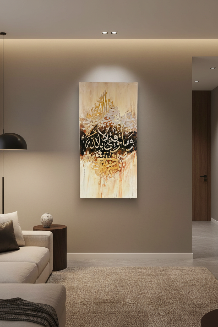 Wa Maa Tawfeeqi Illa Billah Islamic calligraphy canvas art displayed in a luxury living room – lifestyle mockup, no frame