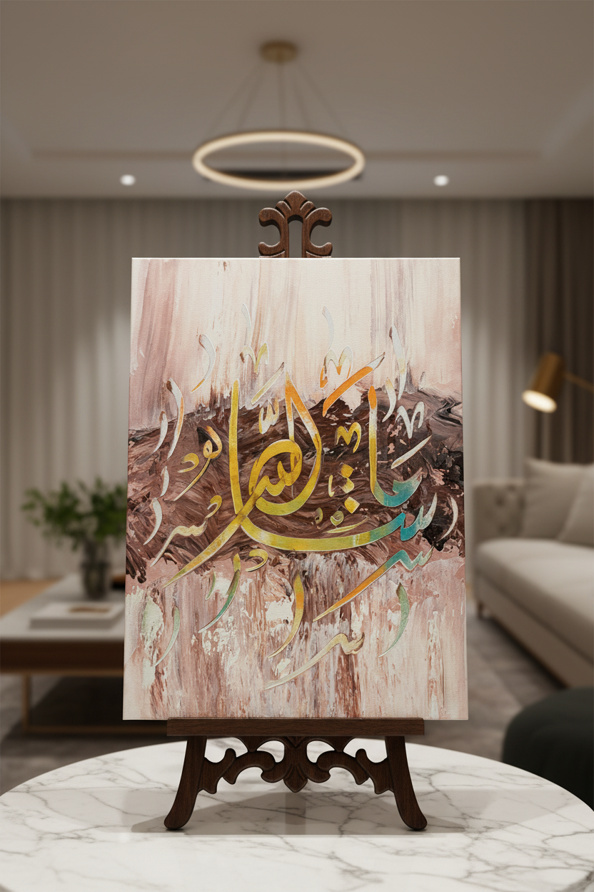Subhanallah Arabic calligraphy canvas art on a wooden easel display stand, portrait orientation, no frame gallery wrap, luxury home decor